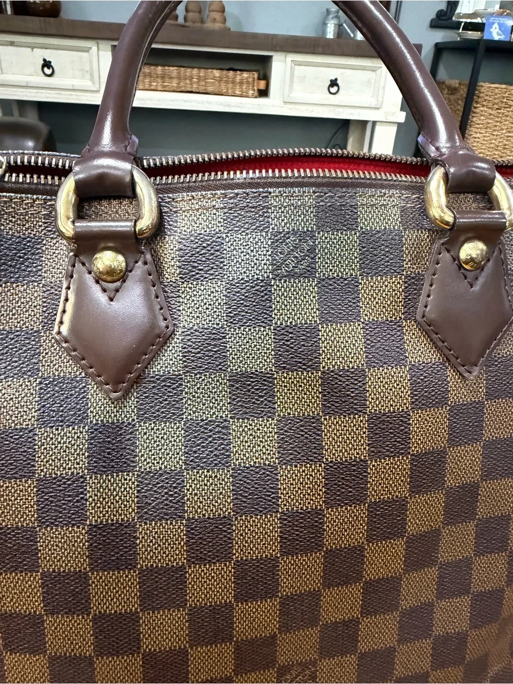 Authentic Louis Vuitton Saleya MM Damier Ebene Tote Handbag Red Interior
